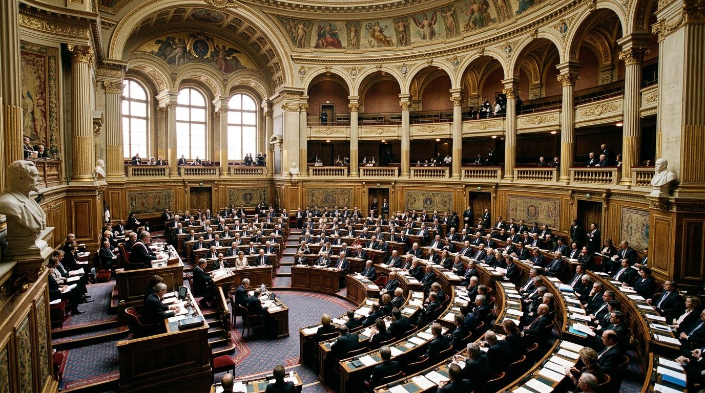 Hémicycle du Sénat au Palais du Luxembourg lors d'une séance de débat législatif