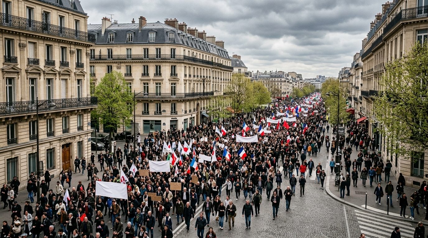 Cortège de manifestants défilant sur les boulevards parisiens lors d'un rassemblement civique