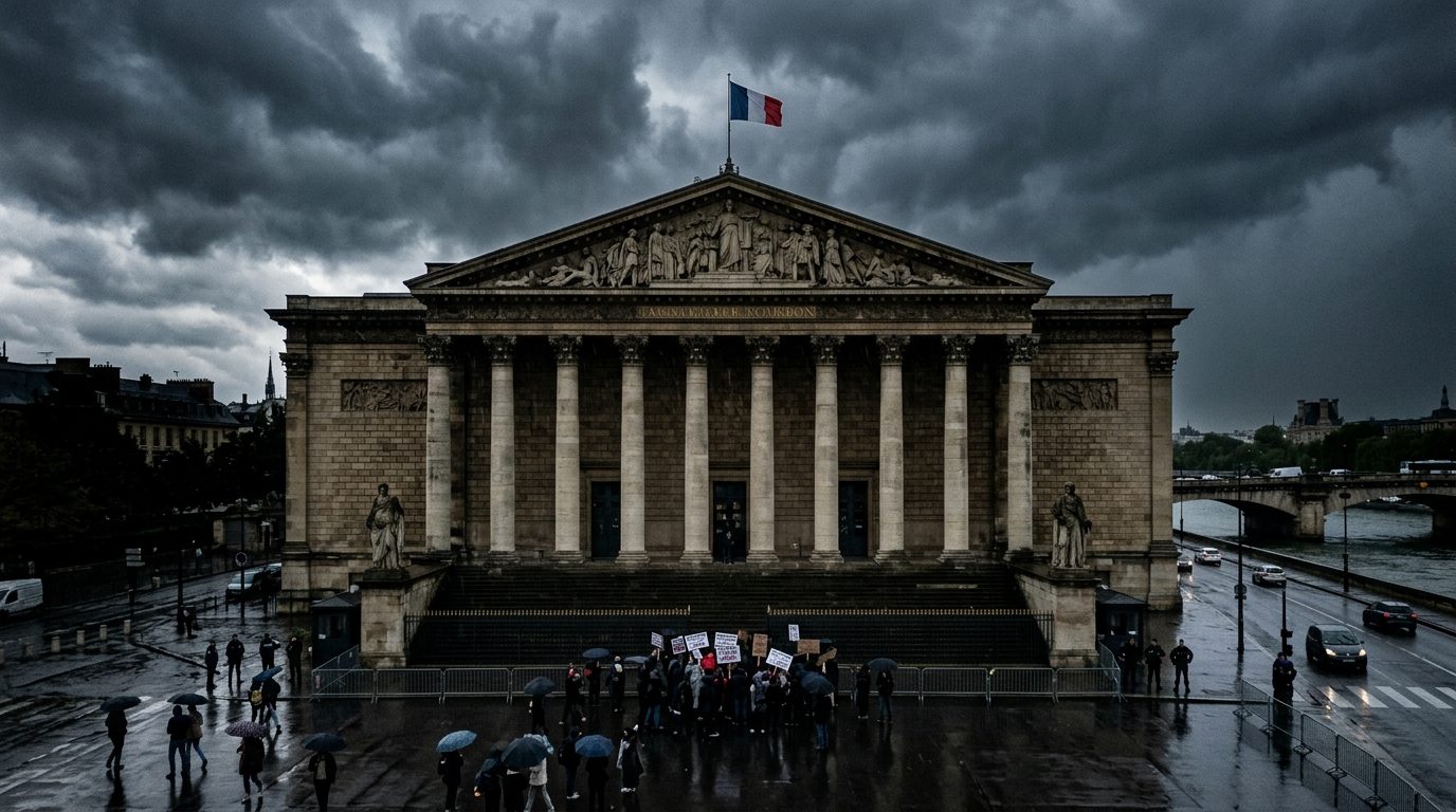 Façade du Palais Bourbon, siège de l'Assemblée nationale française, sous un ciel chargé.