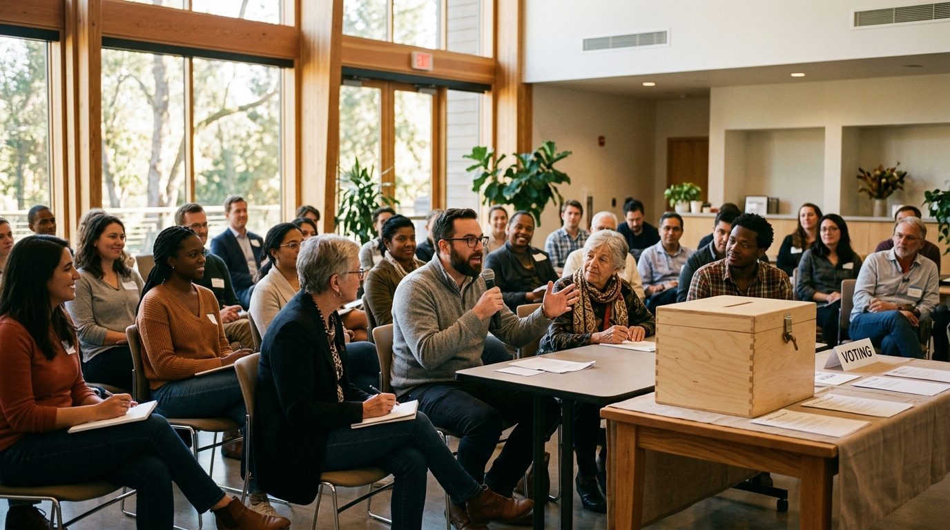 Citoyens réunis en atelier participatif pour voter et choisir le nom du collectif