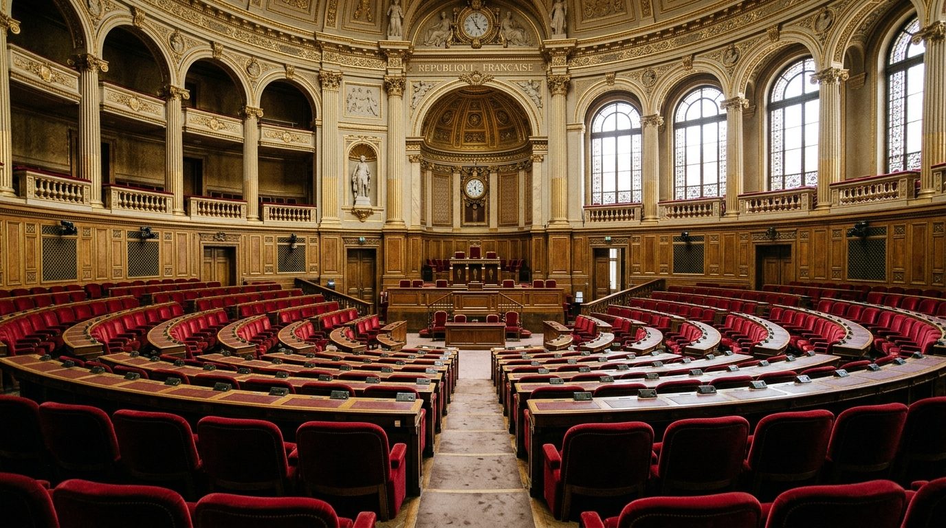 Hémicycle du Sénat français sous un éclairage institutionnel