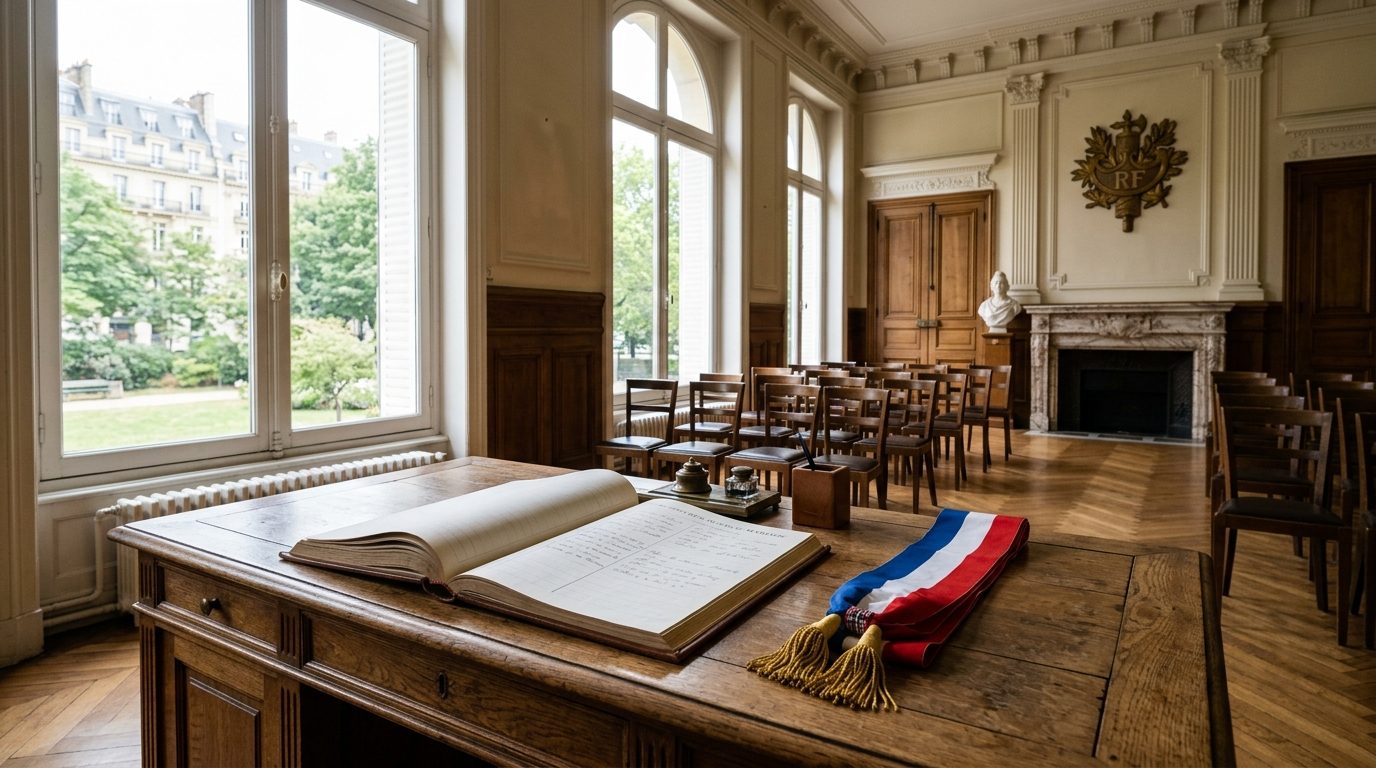 Salle des mariages d'une mairie française avec le registre civil et l'écharpe tricolore