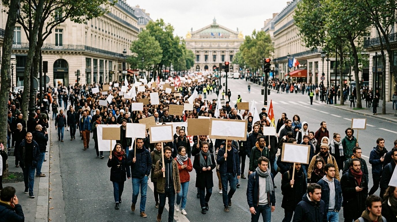 Rassemblement de manifestants citoyens dans les rues lors d'un grand débat républicain