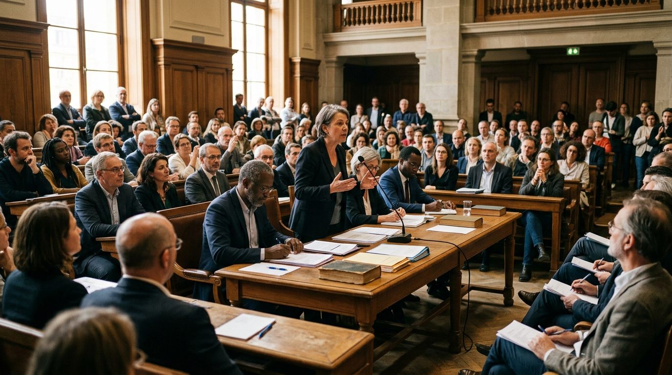 Citoyens et élus échangeant lors d'un débat républicain dans une salle municipale