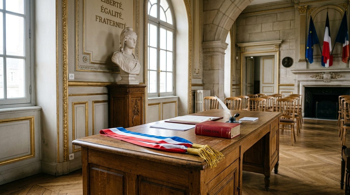 Écharpe tricolore d'élu municipal et symboles républicains dans une mairie
