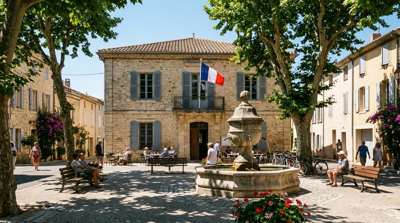Place de village en été avec hôtel de ville républicain baigné de soleil