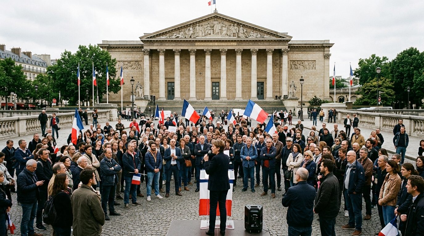 Rassemblement de citoyens sur une grande place historique en France
