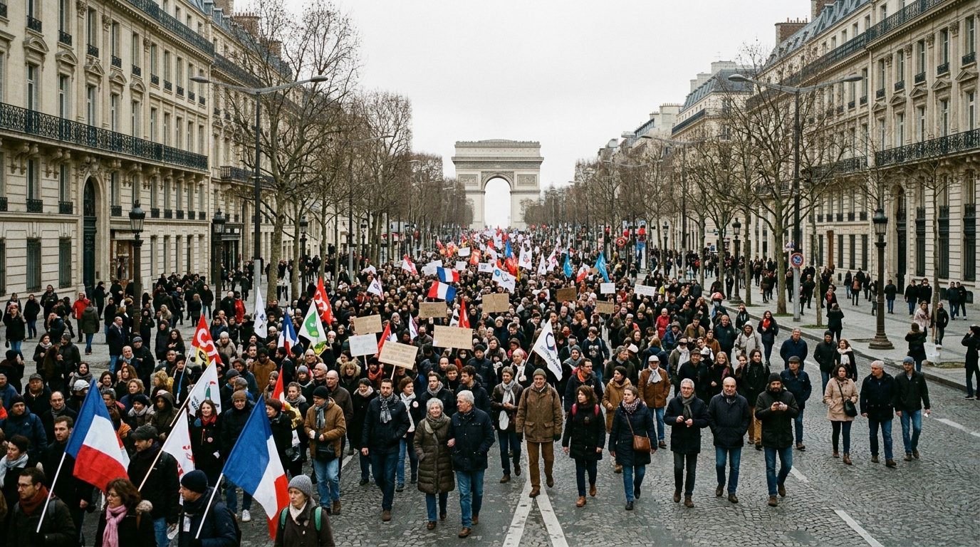 Cortège de manifestants défilant sur une grande avenue parisienne lors de la mobilisation citoyenne de février 2014