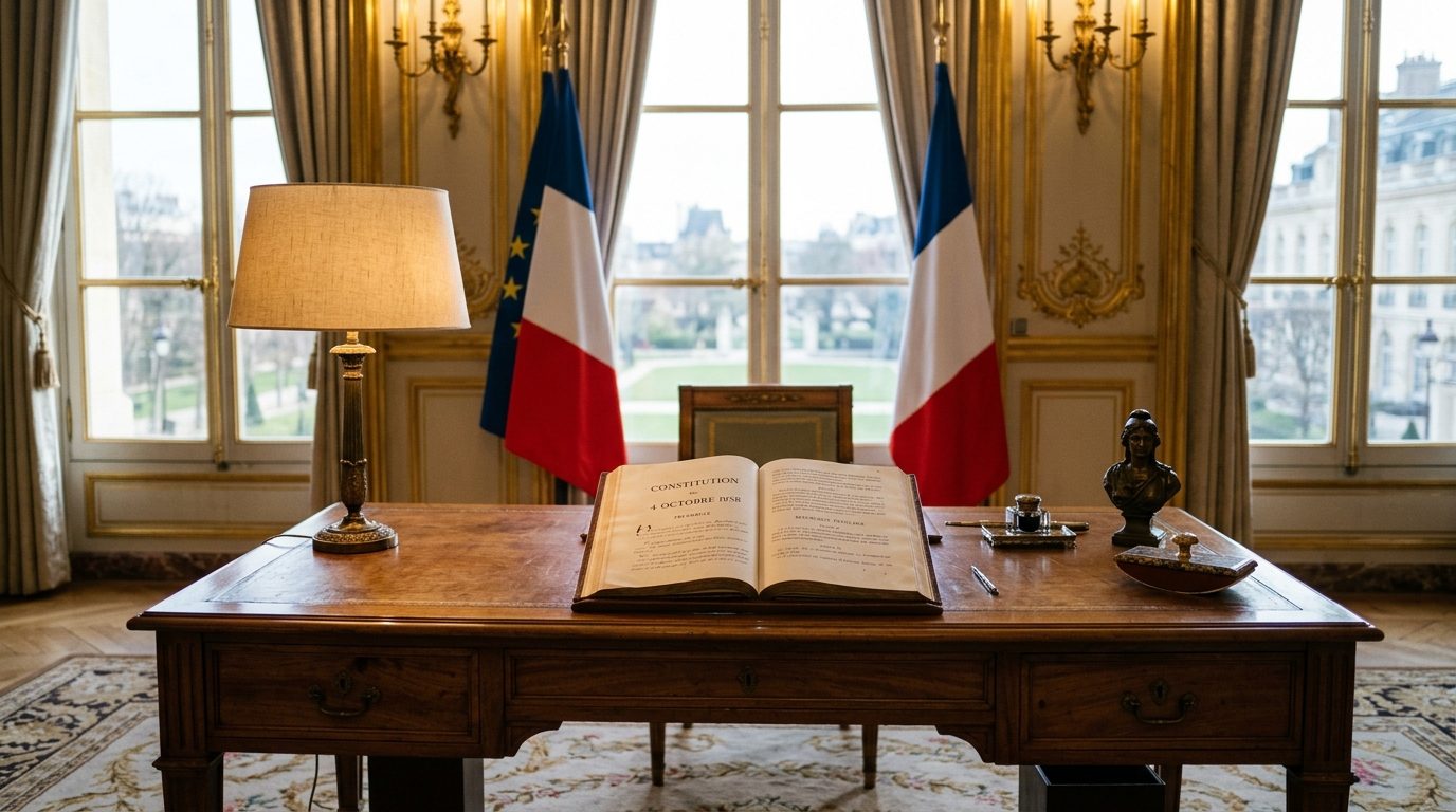 Bureau présidentiel républicain avec drapeau français et symboles institutionnels