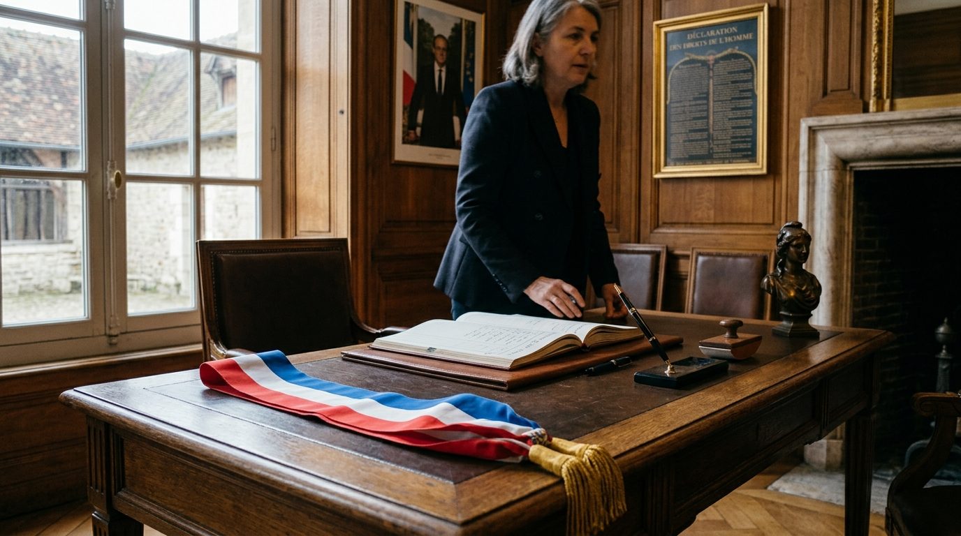 Écharpe tricolore de maire et registre d'état civil posés sur une table de mairie républicaine