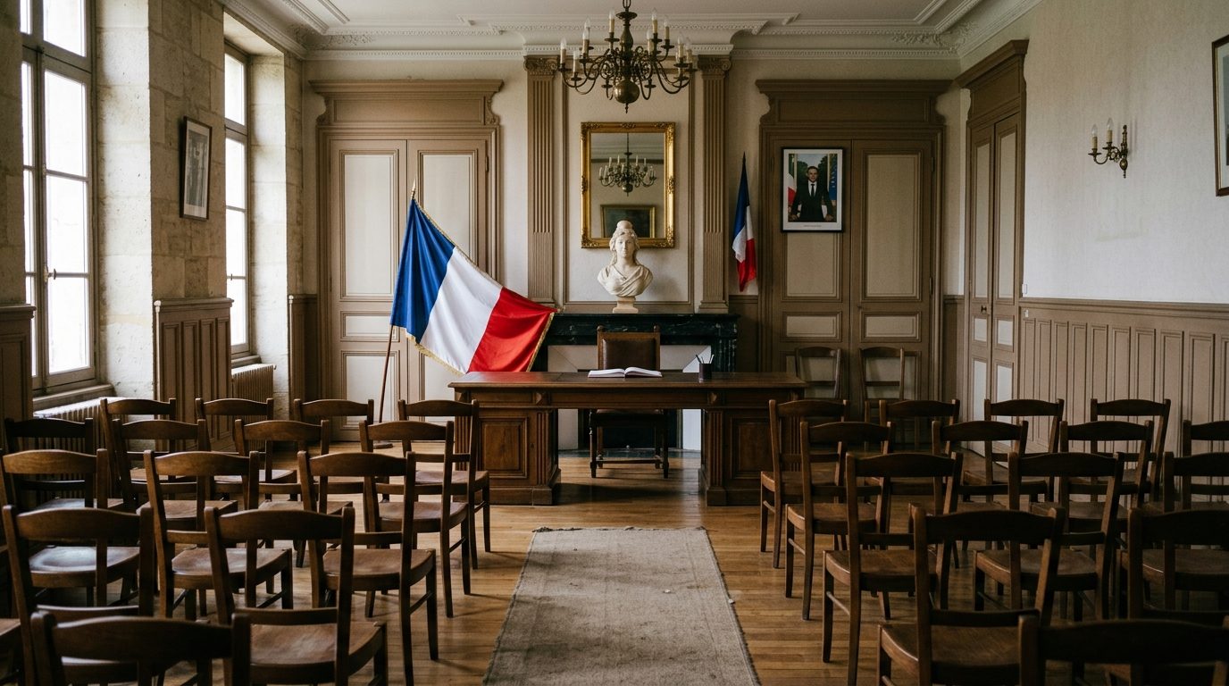 Salle des mariages d'une mairie française avec drapeau tricolore et buste de Marianne