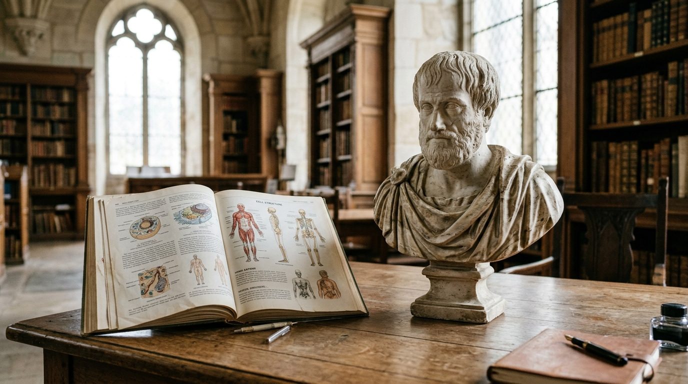 Livre de biologie ouvert et statue philosophique sur un bureau en bois, évoquant le débat entre nature et pensée
