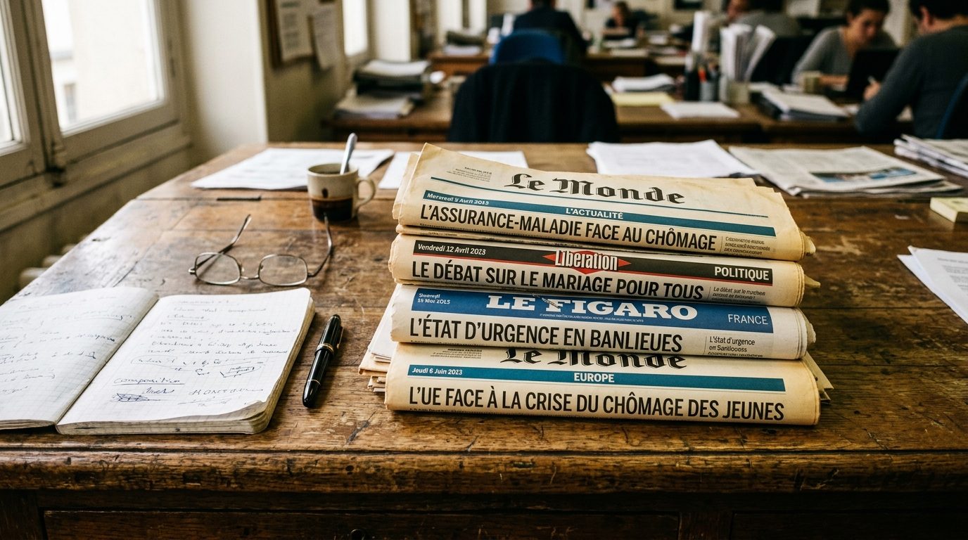 Pile de journaux et revues de presse sur une table de travail éditoriale