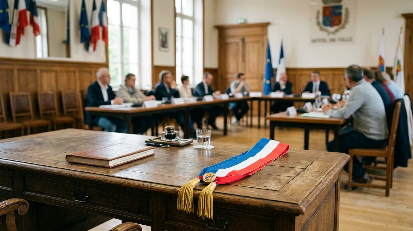 Écharpe tricolore d'officier d'état civil posée sur un bureau en mairie