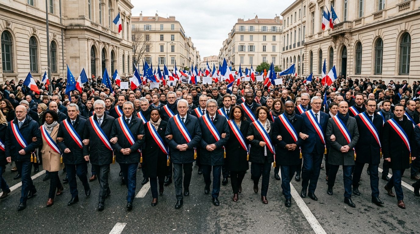 Élus républicains portant l'écharpe tricolore rassemblés lors d'une marche citoyenne